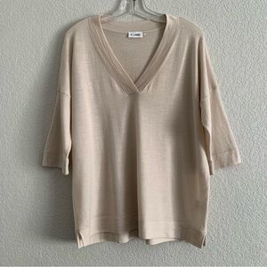 R Label Sweater Women XL Wool Lightweight Minimalist Lagenlook Quiet Luxury Tan